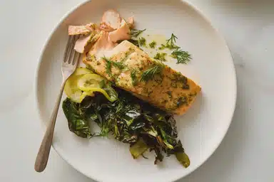 Image for the Mustardy Sheet-Pan Salmon With Greens  recipe